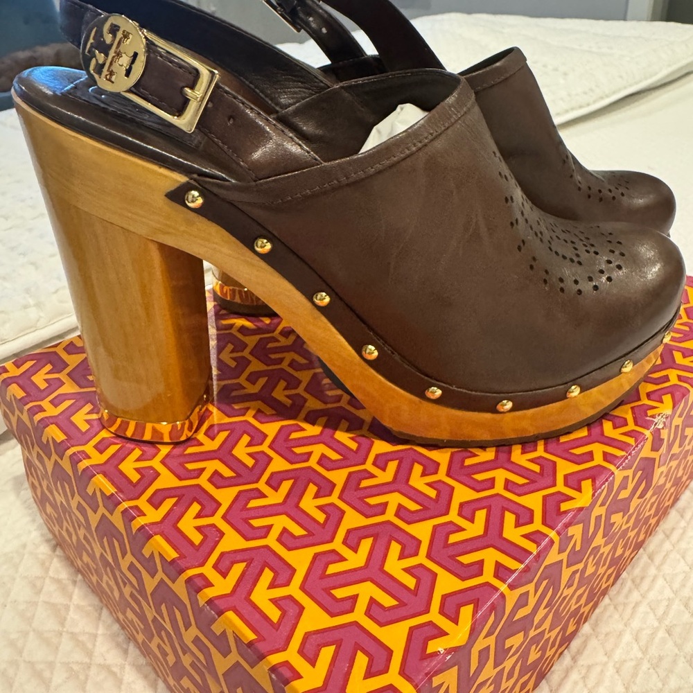Tory Burch Dark Brown Leather Mules with Wooden Heel